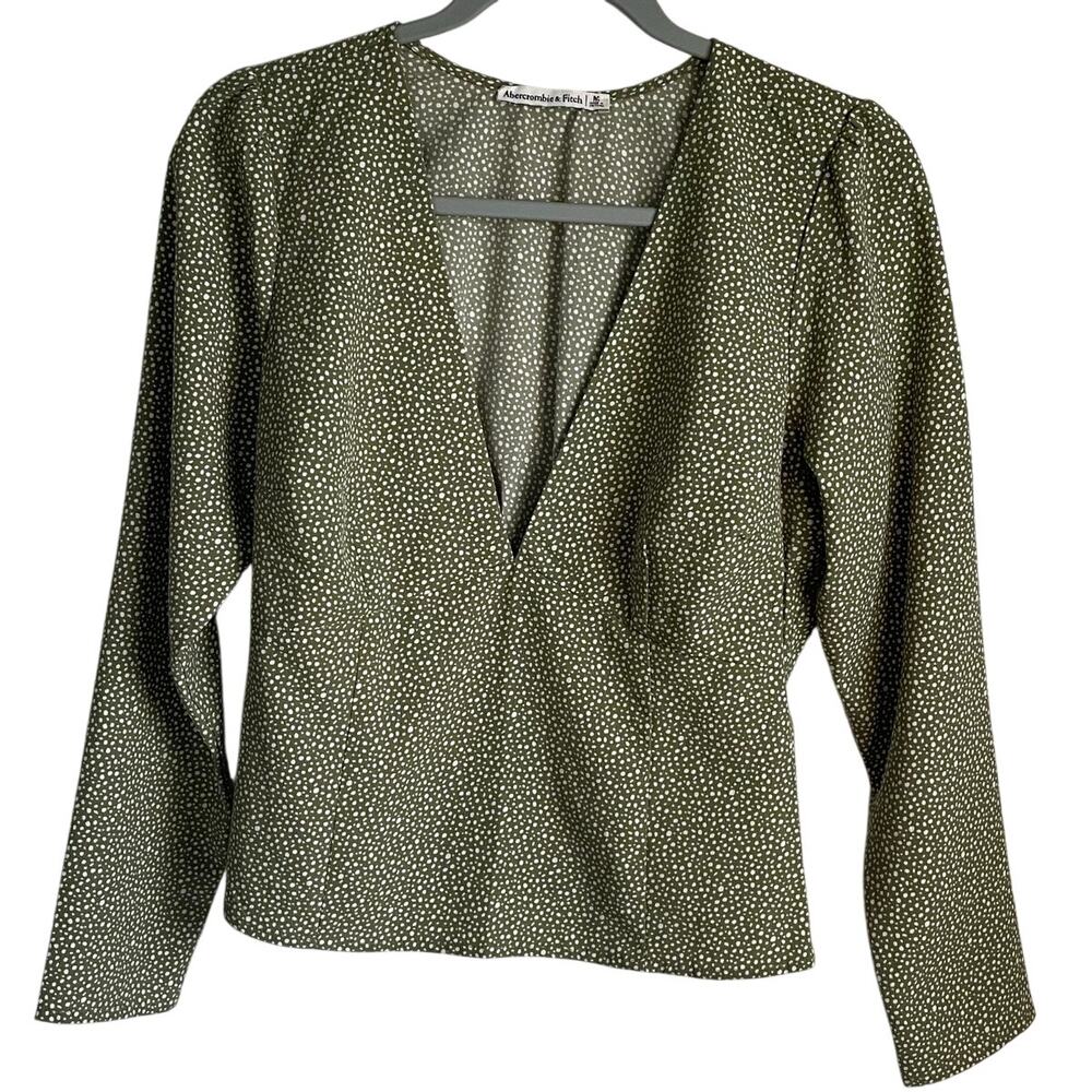 Abercrombie & Fitch V-Neck Top Sz M Olive Polka Dot Smocked Back Long Sleeves